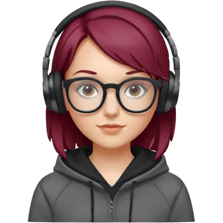 white girl with burgundy hair, gray squared-glasses, black deportive hoodie and black headphones emoji