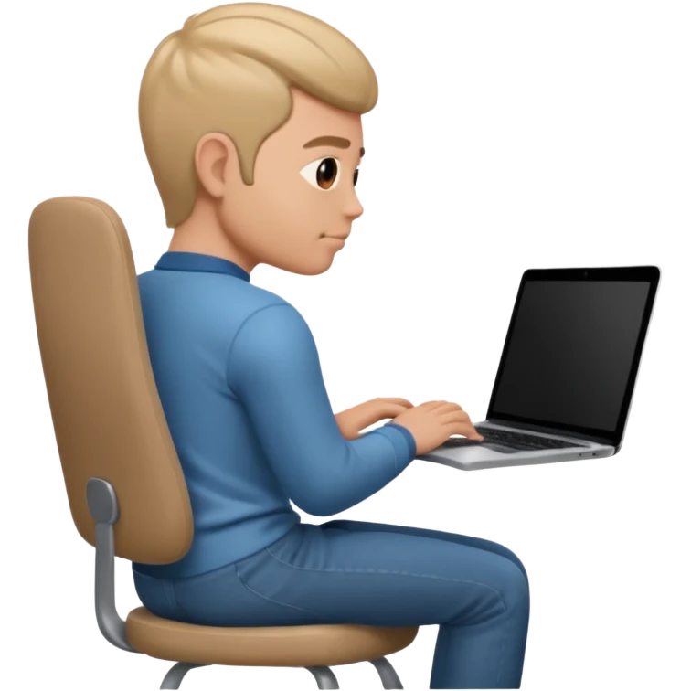 Memoji sitting on a chair from behind (pnly hair and back of the chair shown) focusing on laptop  emoji
