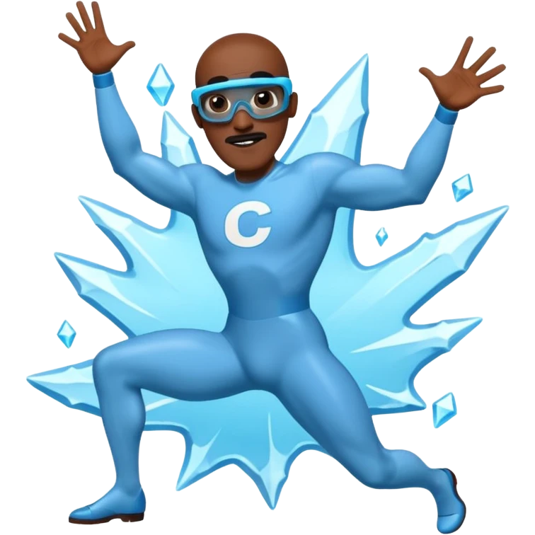 Frozone character in retro stickers style, dynamic pose, icy effects, bold outlines, vibrant colors he says "c'est carré dans l'axe" emoji
