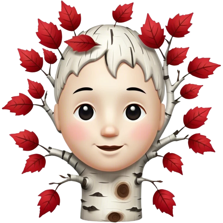 happy big white head made of birch tree with lack marks and red leaves emoji