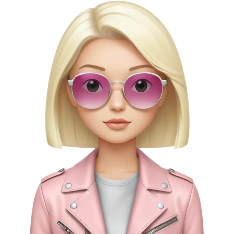  girl with platinum blonde hair in a sleek bob, wearing a luxury pastel pink leather jacket and designer sunglasses, set against a soft, elegant backdrop emoji