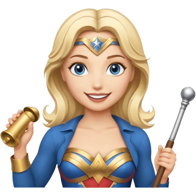 Blonde blue eyed Wonder Woman holding white orchestra conductor’s baton and bell emoji
