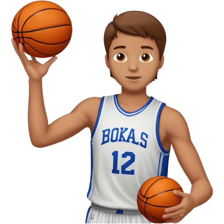 A white man with brown hair with a basketball, doing a layup emoji