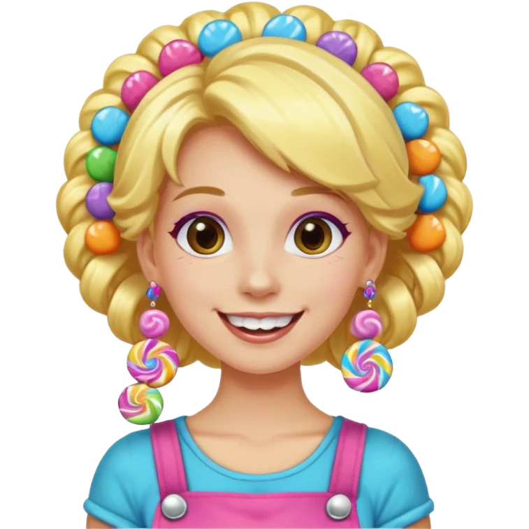 candy shop vendor, looking like candy with candy earrings and candy hair with big smile and blond hair emoji