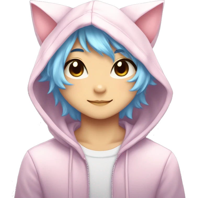 Cute Kawaii Beautiful Gorgeous Sparkly Shiny Blushing Anime Style Catboy With Pretty Hair And Hoodie emoji