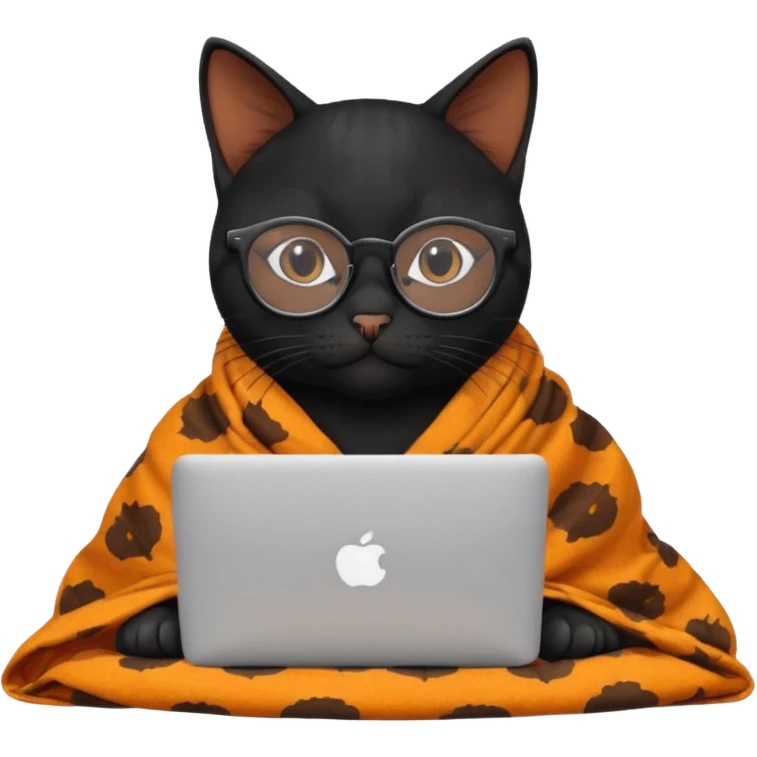 A black female cat working on a MacBook, with round frames and thin glasses, and she wears a blanket with an orange fruit pattern emoji