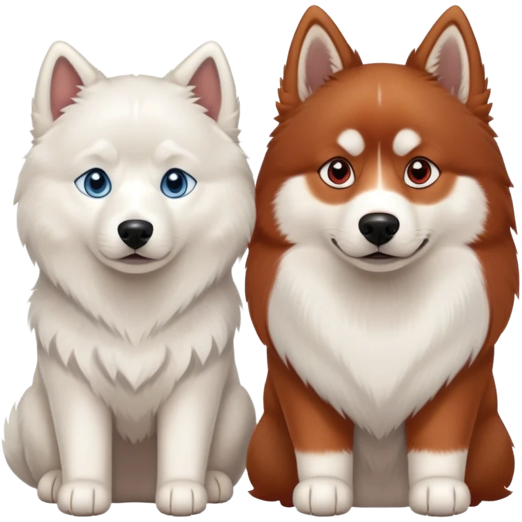 two dogs sitting side by side: a red siberian husky with blue eyes, and a white samoyed with brown eyes emoji