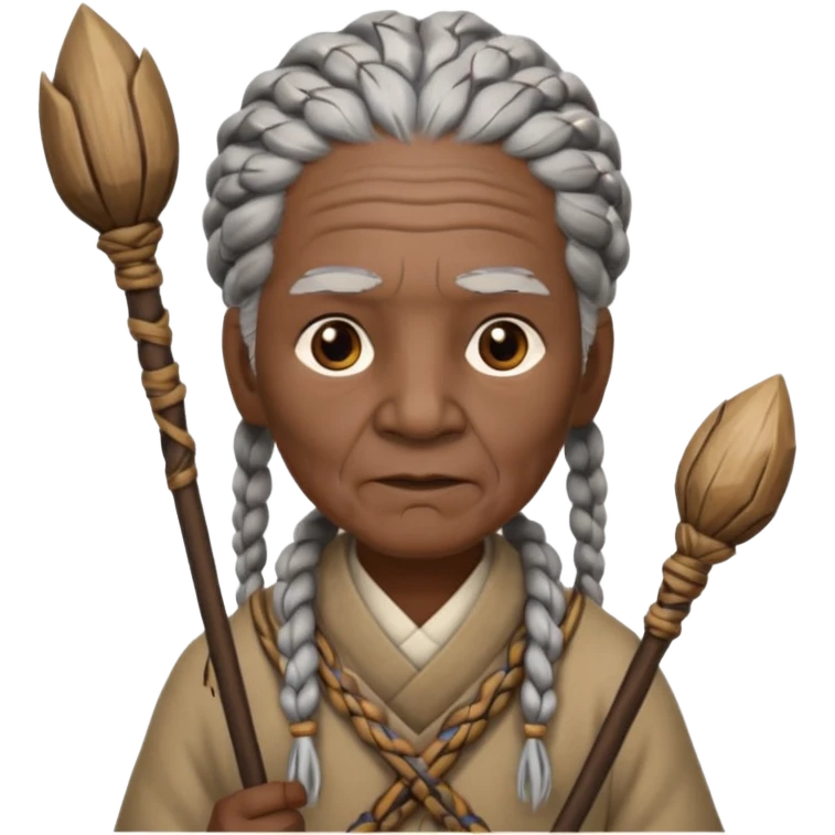 An elderly tribal leader with gray braids, wooden staff, and warm wise eyes.
 emoji