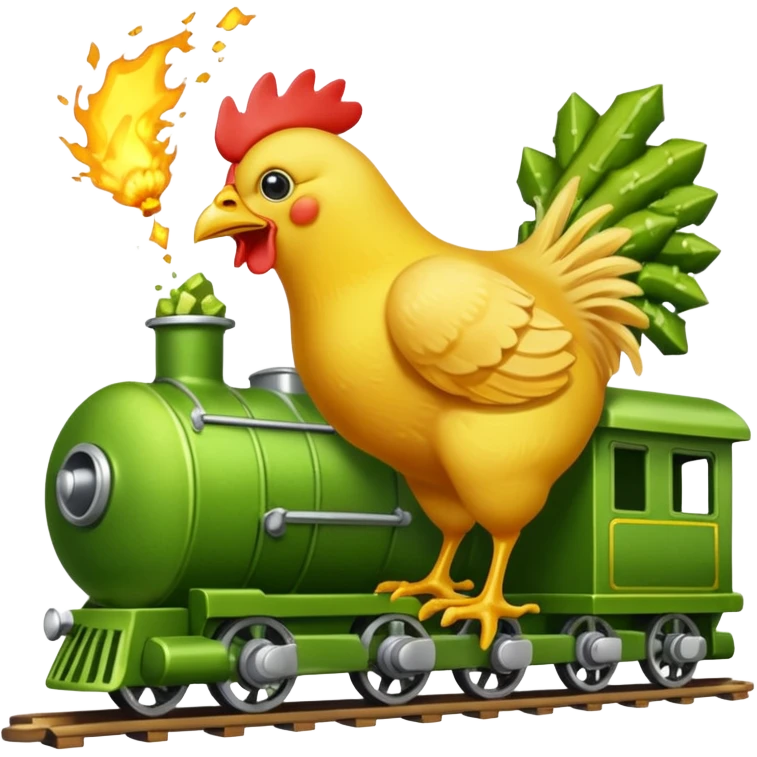 Chicken eating a train while the chicken is exploding earrings a pickle emoji