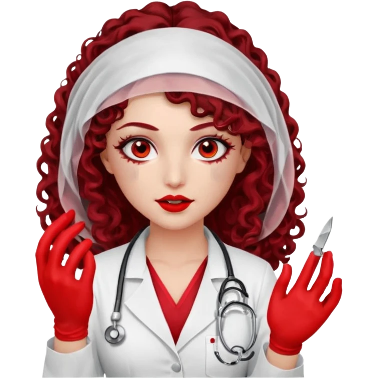 Lilith scalpel in hand, evil surgeon outfit.  She has red eyes. She has dark brown curly hair. Hair is long . Wears sexy doctor outfit with red gloves. Covers nose, neck and mouth with Muslims  emoji