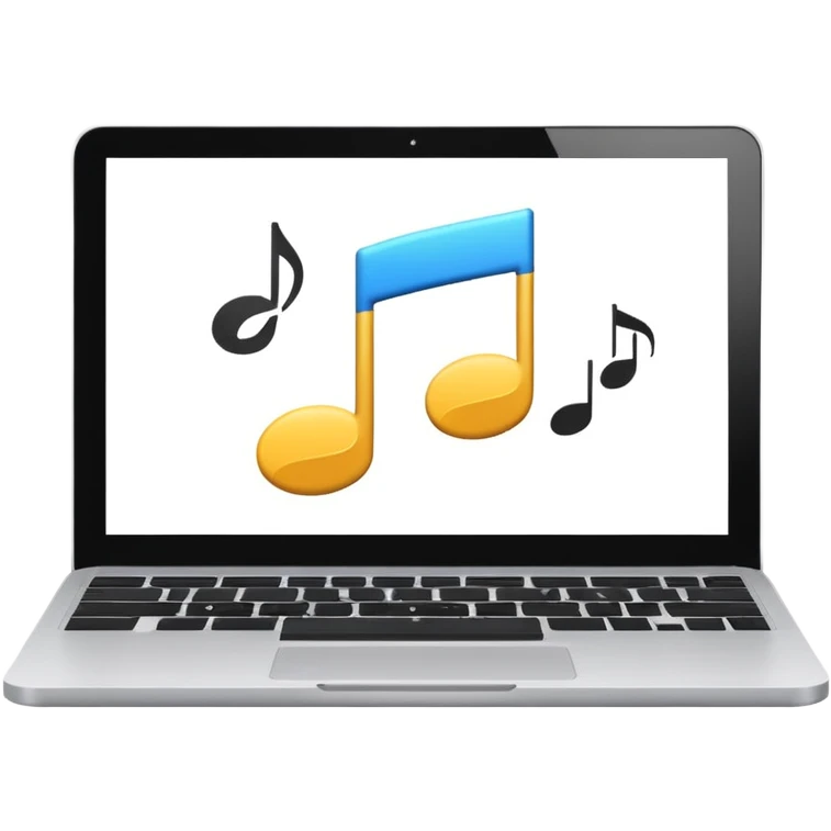 laptop screen showing a play button and notes emoji
