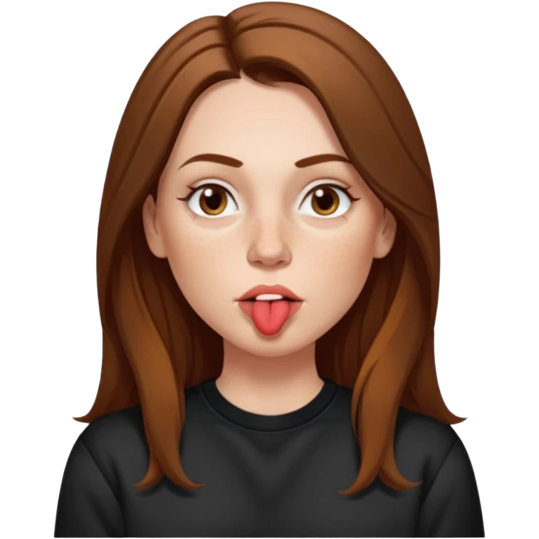 A 38 year old white woman with long brunette hair parted in the middle. She has her nose pierced. Her nose is medium sized. She has brown eyes. She has freckles and is wearing a black sweatshirt and is making a kissing mouth. emoji