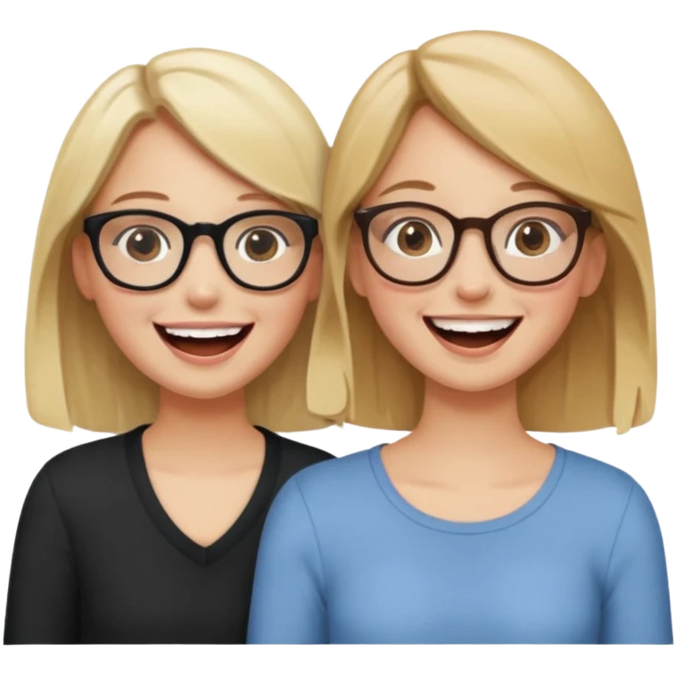 two girls laughing and having fun. one is blonde without glasses, another one is brown haired with glasses. they are supportive and cute emoji