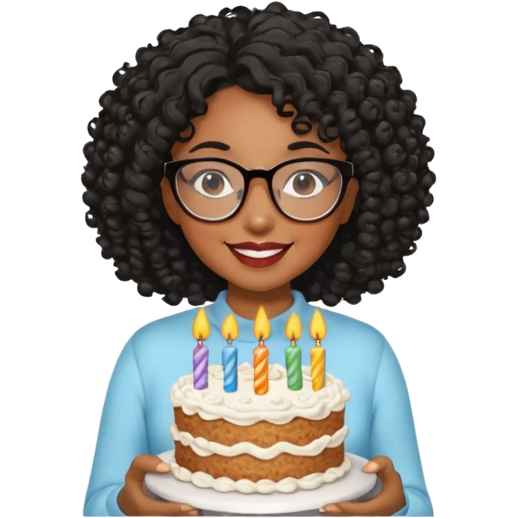A Black woman with curly black hair and glasses holding a birthday cake emoji