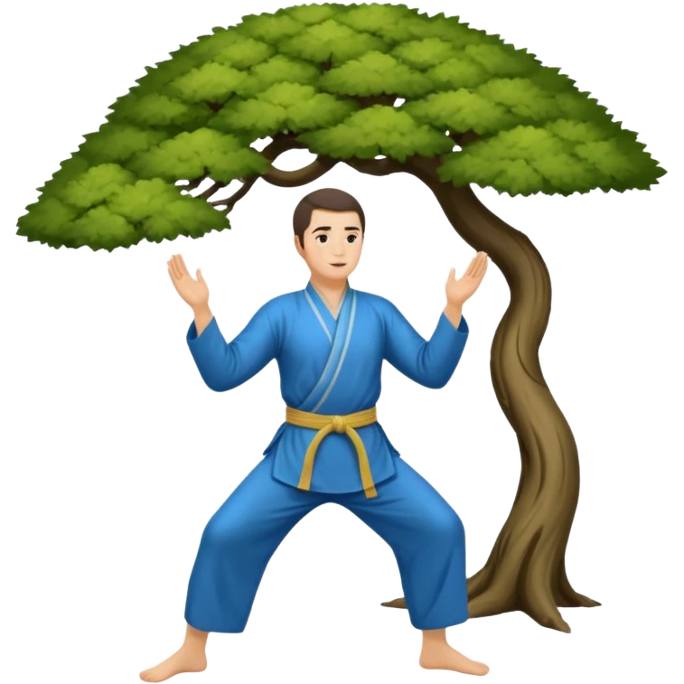 pratiquant de qi gong, homme aux cheveux long, en position de l'arbre, en tenue noire ou blanche. L'image ne contiendra pas d'arbre emoji