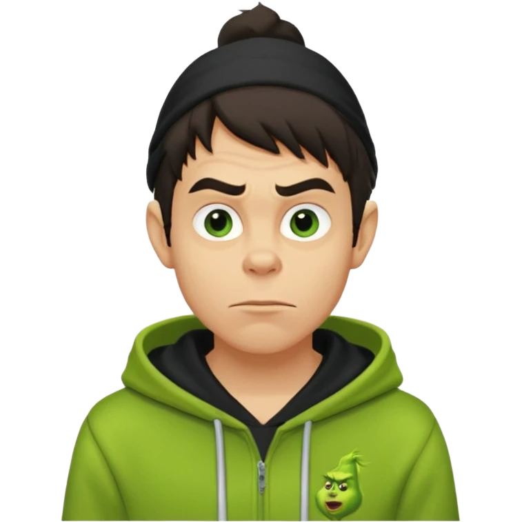 Create an avatar of white European with dark hair  male in hoodie with ``BST`` letters on it. Make background to look like from movie Grinch. make him look from right to left emoji