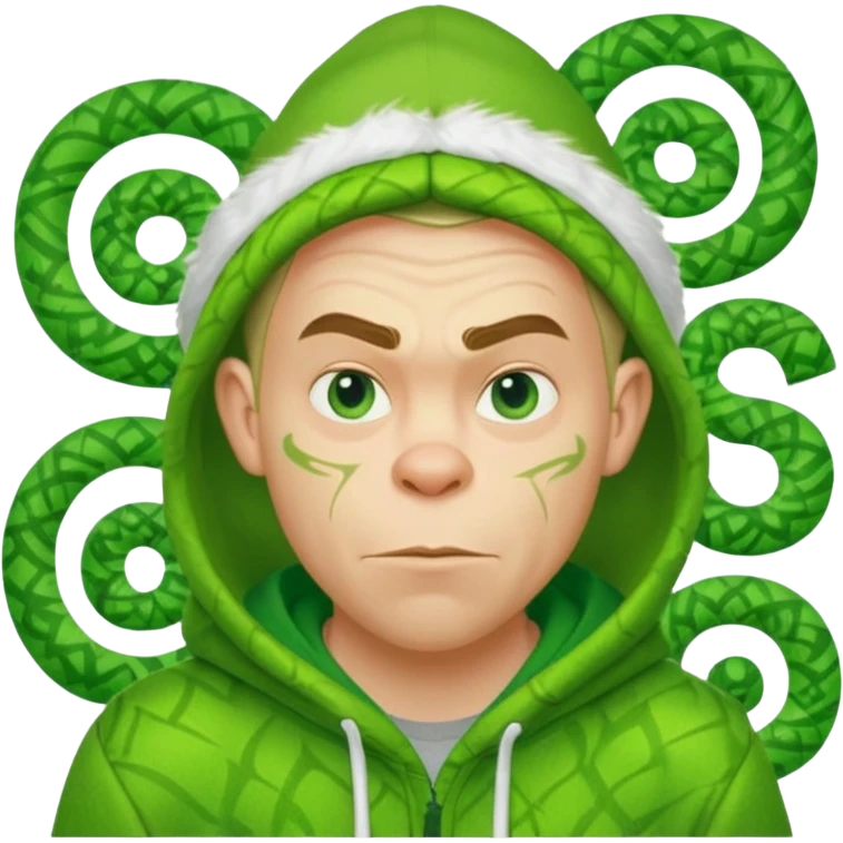 Create an avatar of white European male in hoodie with ``BST`` letters on it. Make background to look like from movie Grinch emoji