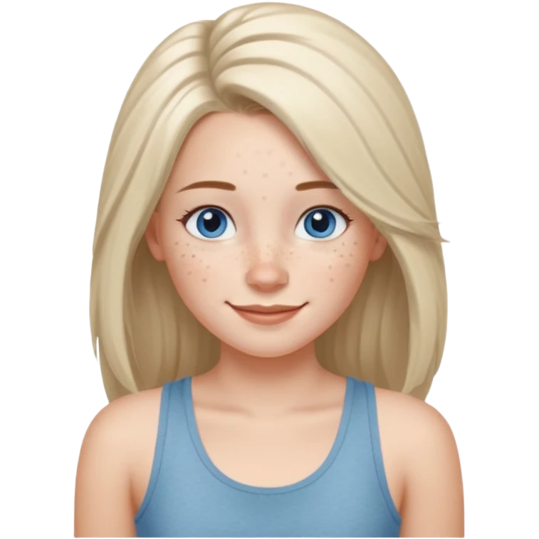 Una chica de tez blanca con pecas, nariz respingada, labios gruesos, ojos grandes color azul grisáceo, pelo largo, lacio, color avellana. Con una blusa de tirantes blanca. Que este sonriendo y q solo se vea de la cintura hacía arriba emoji
