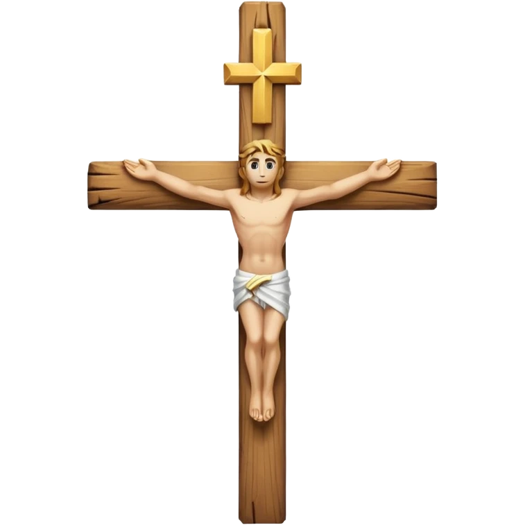 Cross made of wood, the top of the tip of the cross, a golden cross, and a white cloth hanging over the two arms of the cross emoji