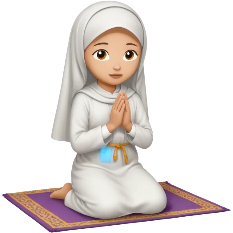 Light skin Muslim woman in plain white abaya side profile praying on prayer mat  holding up hands to god emoji