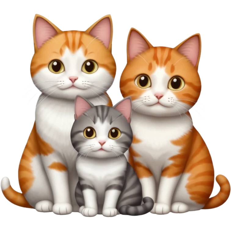3 different coloured short haired cats including; a dark brown tabby and white cat, and a dark grey and white and a ginger and white emoji