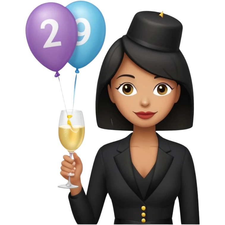 Emoji-style illustration of a funny woman in black funeral outfit holding a prosecco glass, balloon with number 29, ironic birthday funeral theme, playful expression, flat emoji design, pastel tones, high resolution emoji