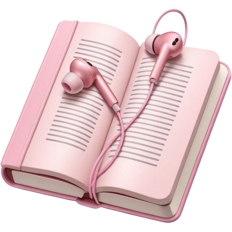 pink Pink Apple-style earbuds lying on an open book, soft pastel tones, cozy and minimal aesthetic, realistic lighting and shadows, top-down view, transparent background" emoji