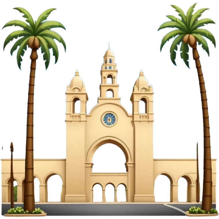 California Tower in San Diego, with Balboa Park arches, palm trees emoji
