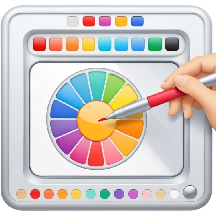 digital screen showing a basic logo being edited, with vector handles and a color palette emoji