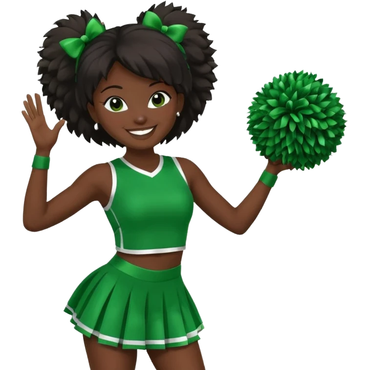football cheerleader, holding a cheering pom, green dress and black skin emoji