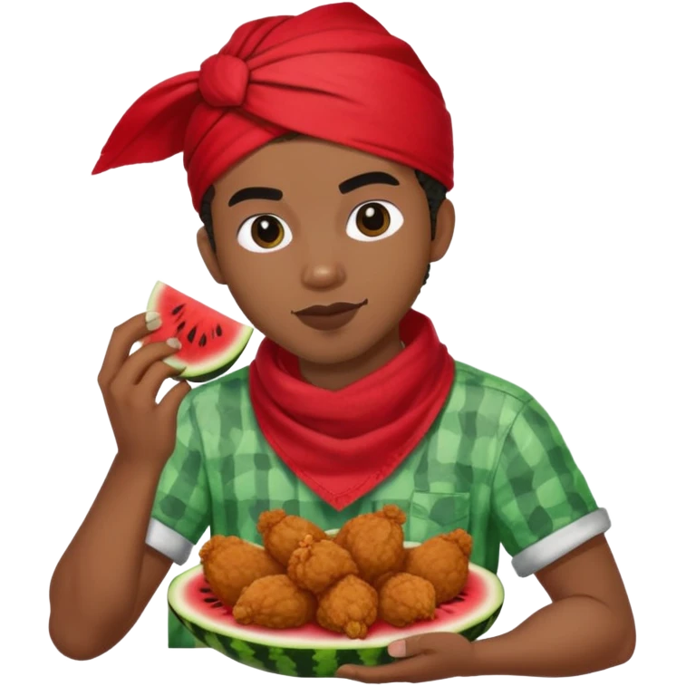 a man named jamal that's black and eating watermelon and fried chicken with a red bandana emoji