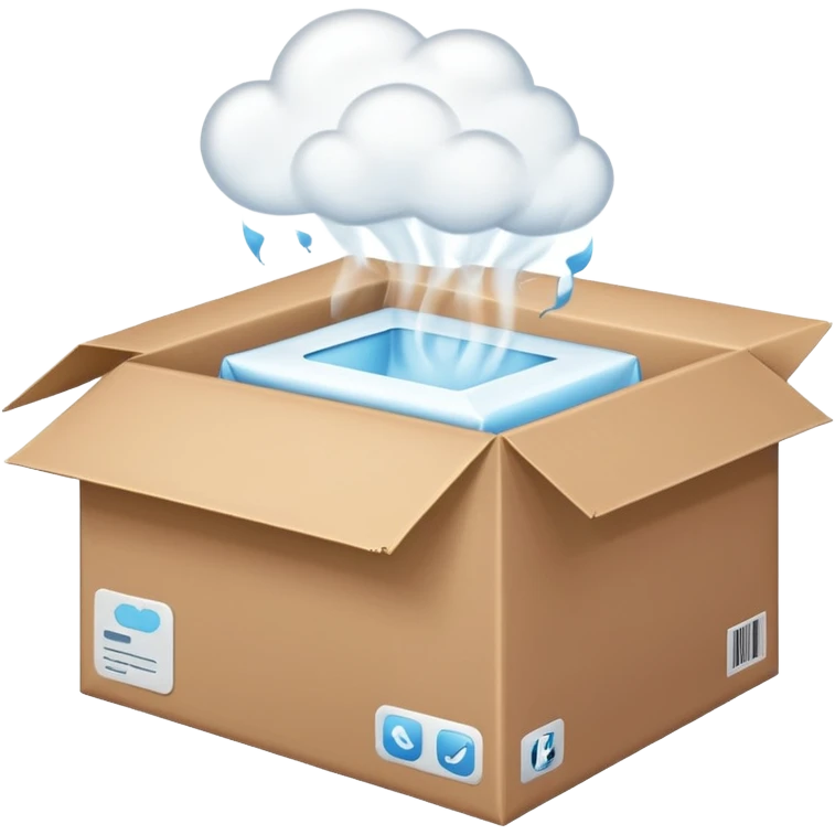 Generate a realistic emoji-style icon of the an open package which is empty and air is coming out of it. Out of the package steam or air is coming out of it  emoji