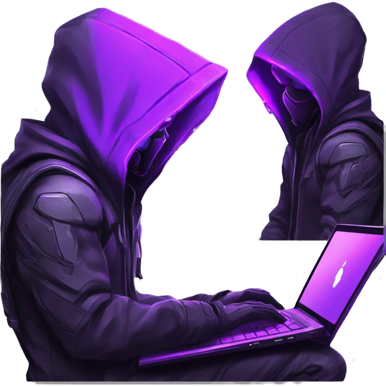 Side view developer behind his laptop with this style : crysis Cyberpunk Valorant neon glowing bright purple character purple violet black hooded assassin themed character emoji