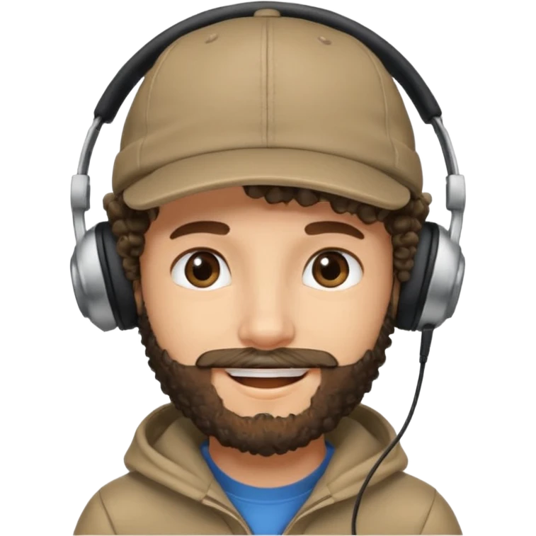 curly haired with headphones in and beard boy with cap emoji