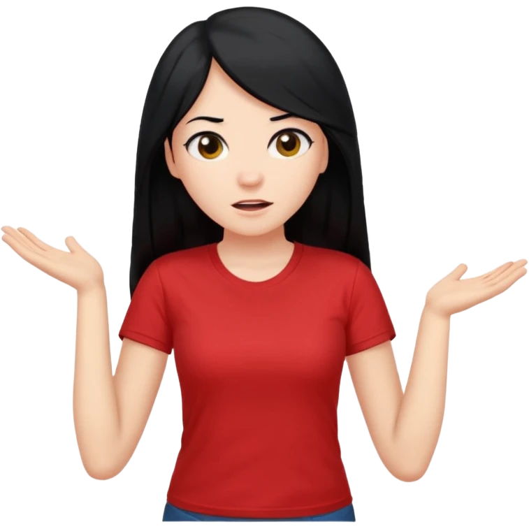 빨간색 티셔츠를 입고 긴 검정머리를 가진 여성이 모르겠다는 듯이 어깨를 올리고 고개를 살짝 왼쪽으로하고  제스처를 하고있음 🤷🏻‍♀️ emoji
