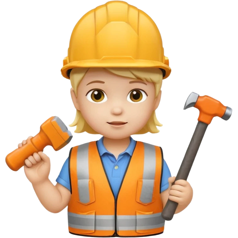 toddler wearing oversized construction helmet and safety vest holding tiny hammer, 3D emoji style emoji