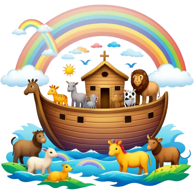 Noah's Ark with animals and rainbow emoji