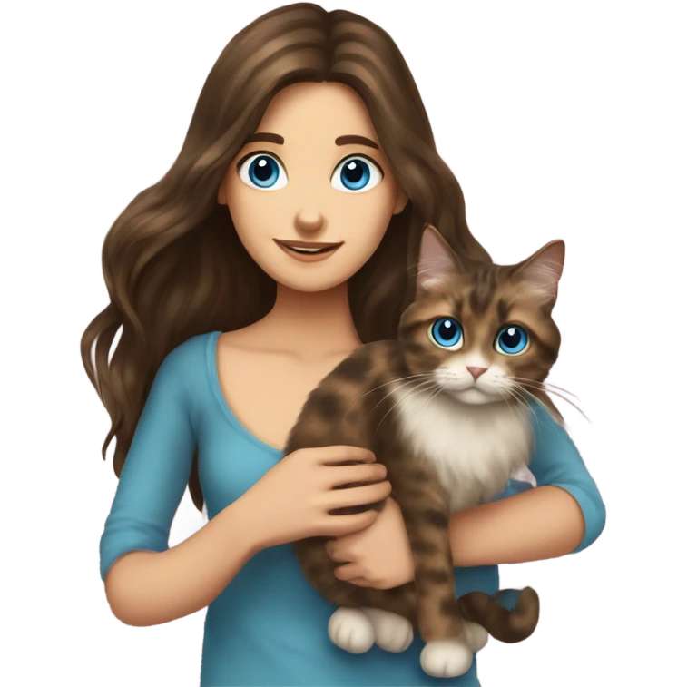 Long haired brunette blue eyed girl holding a long haired tortishell cat emoji