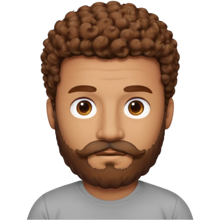 Curly-haired nightingale, with brown hair, a thick beard and a suvata to match the color of the hair on his head, large build, but not fat in a gray T-shirt, chest shot, IOS memoji style emoji