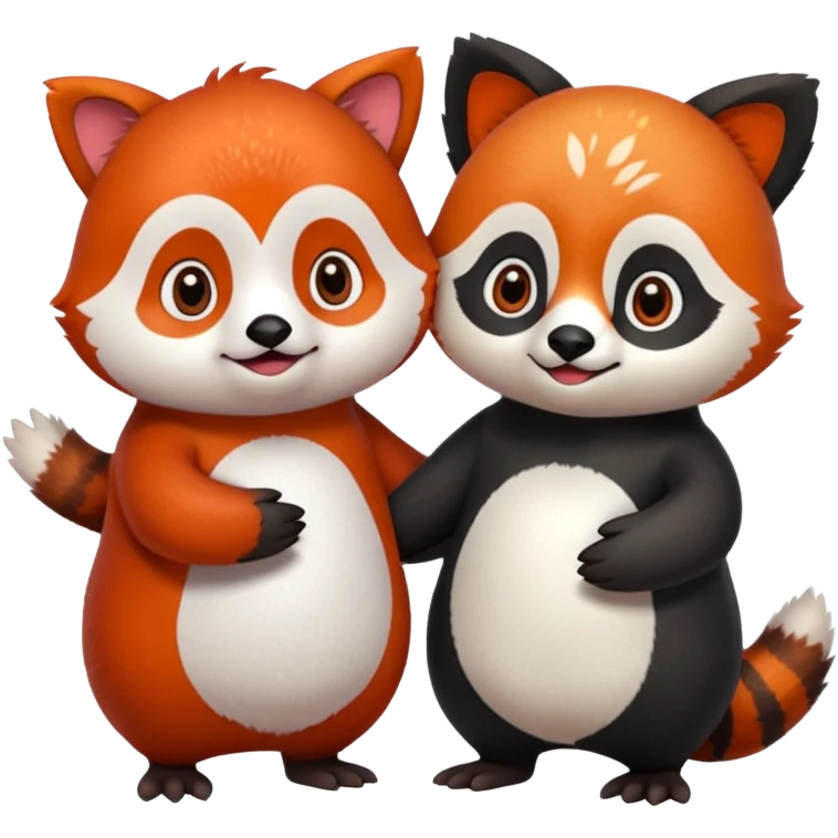 A cartoon  cute one penguin and one red panda holding "hands" emoji