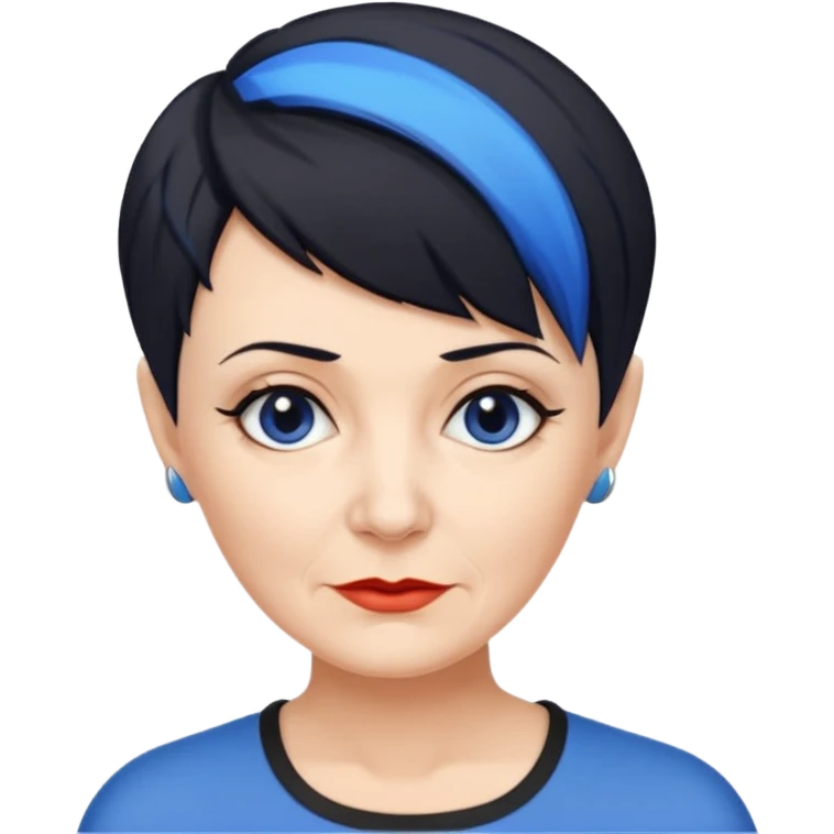 reife frau, kein kind freche extreme schwarze Kurzhaarfrisur eine Seite wirklich fast keine Haare andere Seite mit blauer Strähne kurze Seite noch viel kürzer emoji