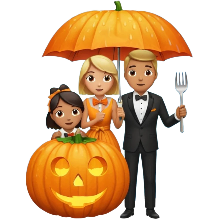 Make a guy hugging a giant pumpkin with a fork in his right hand while there's fire while there's a lady watching while it's raining while there's an umbrella on the ground that's alive and the sun has a bow tie on his neck emoji