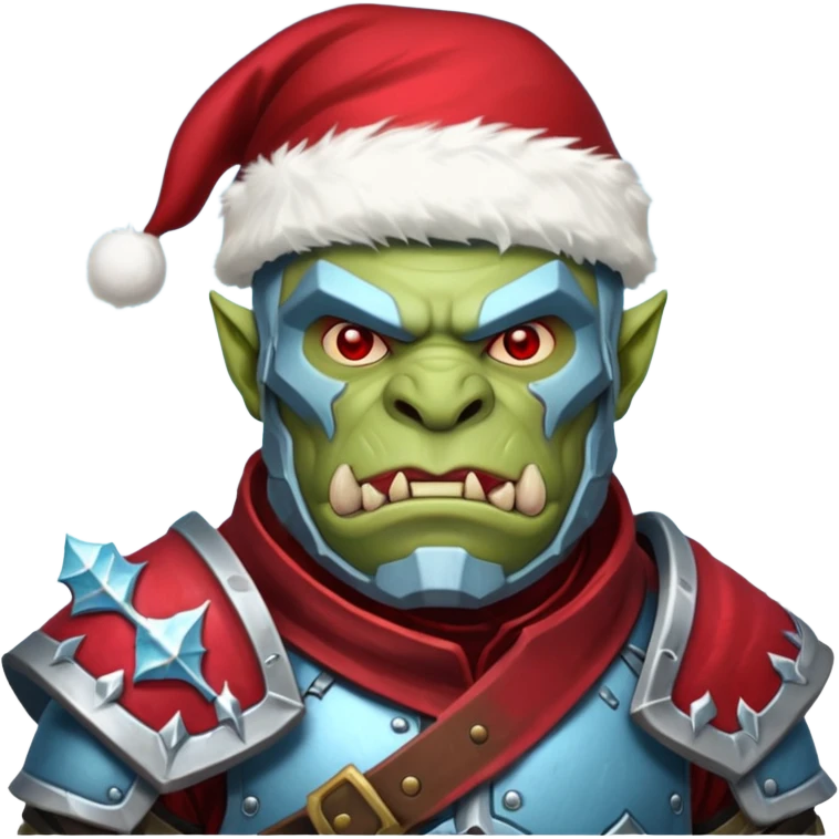 
Fantasy Christmas orc legion soldier icon, iron tundra army theme, heavy winter armor, disciplined brutal look, icy blue steel armor with deep crimson accents, frozen metal texture, cold winter atmosphere, male variant emoji