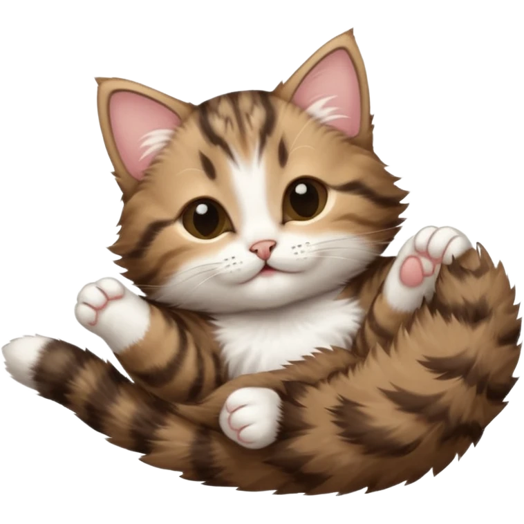dark brown tabby and white kitten in funny positions stretched our upside down with eyes closed emoji