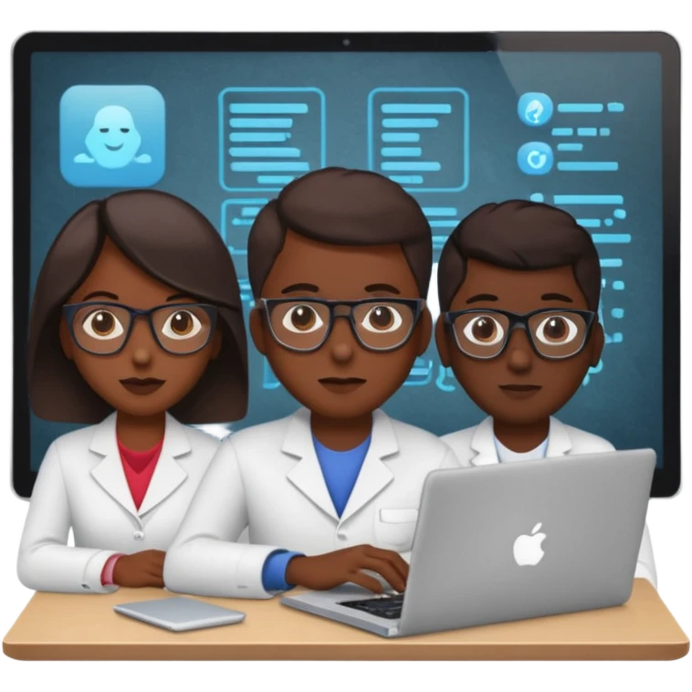 technologist using laptop coding with 2 other technologist emoji