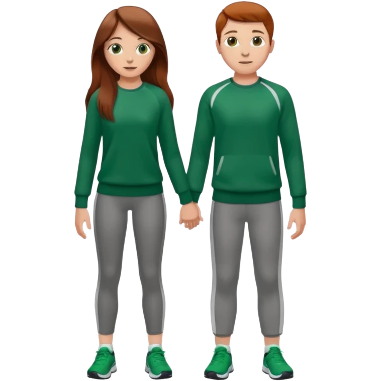 full-length couple, girl with long brown hair and hazel eyes in green sweater, boy with auburn hair in sportswear emoji
