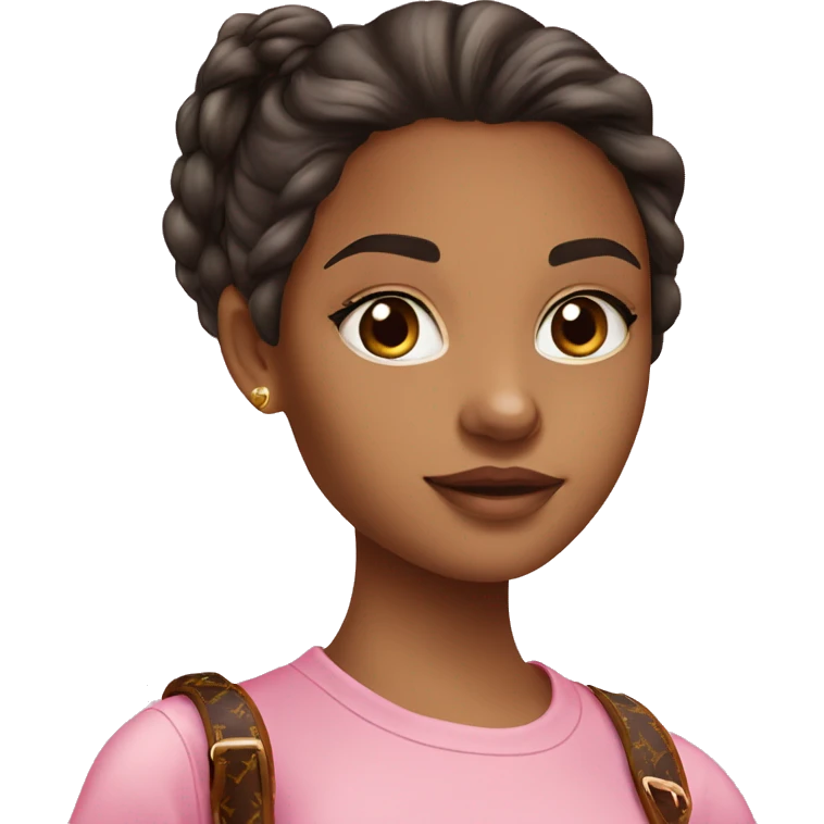young women with dark brown eyes and hair wears the pink t-shirt and has Louis vuitton bag emoji