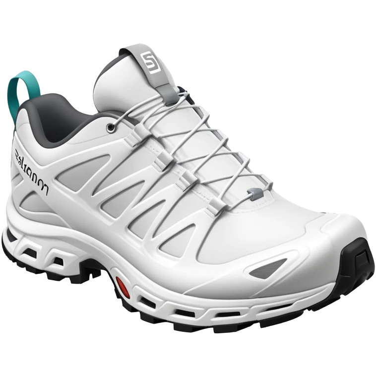 Bare minimum stylized white Salomon XT-6 sneakers in pure iOS emoji style, extremely clean lines, simplified shapes, one shoe behind the other, flat white design emoji
