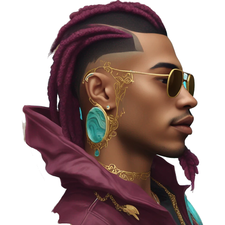 Vintage patina intricate swirls gold jewellery baroque raven wings tropical Deep pink maroon burgundy cyan dark hoodie man vitiligo dyed hair gold piercings nose piercing ear piercings emoji