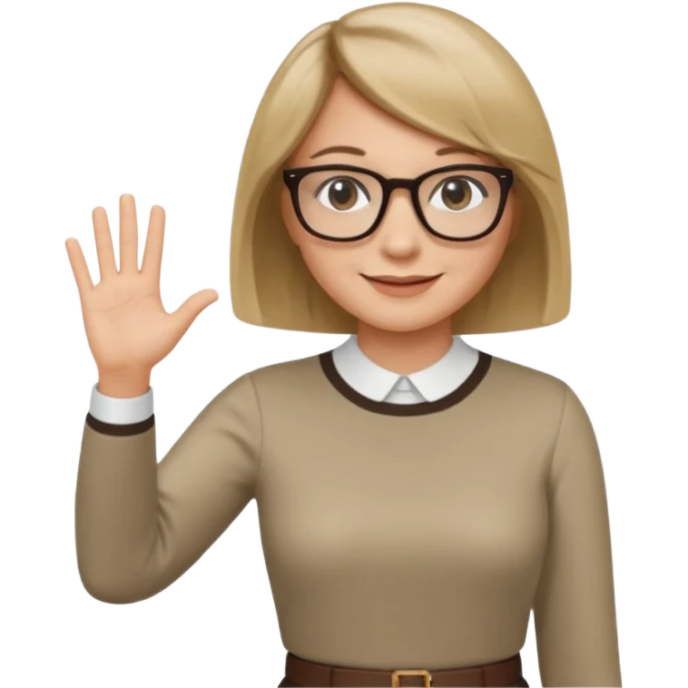woman dark blonde petite bob haircut wears smaller squared dark  glasses, classic clothes, smiling, waving, a tad older, waving, light colored shirt emoji